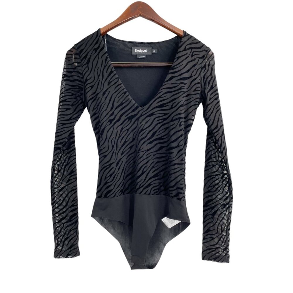 Desigual Danielo Zebra Pattern Long Sleeve V-Neck Bodysuit Womens Size XS Sheer